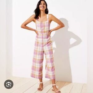 LOFT Pink Plaid Wide-Leg Sleeveless Crop length Jumpsuit Size S with Pockets